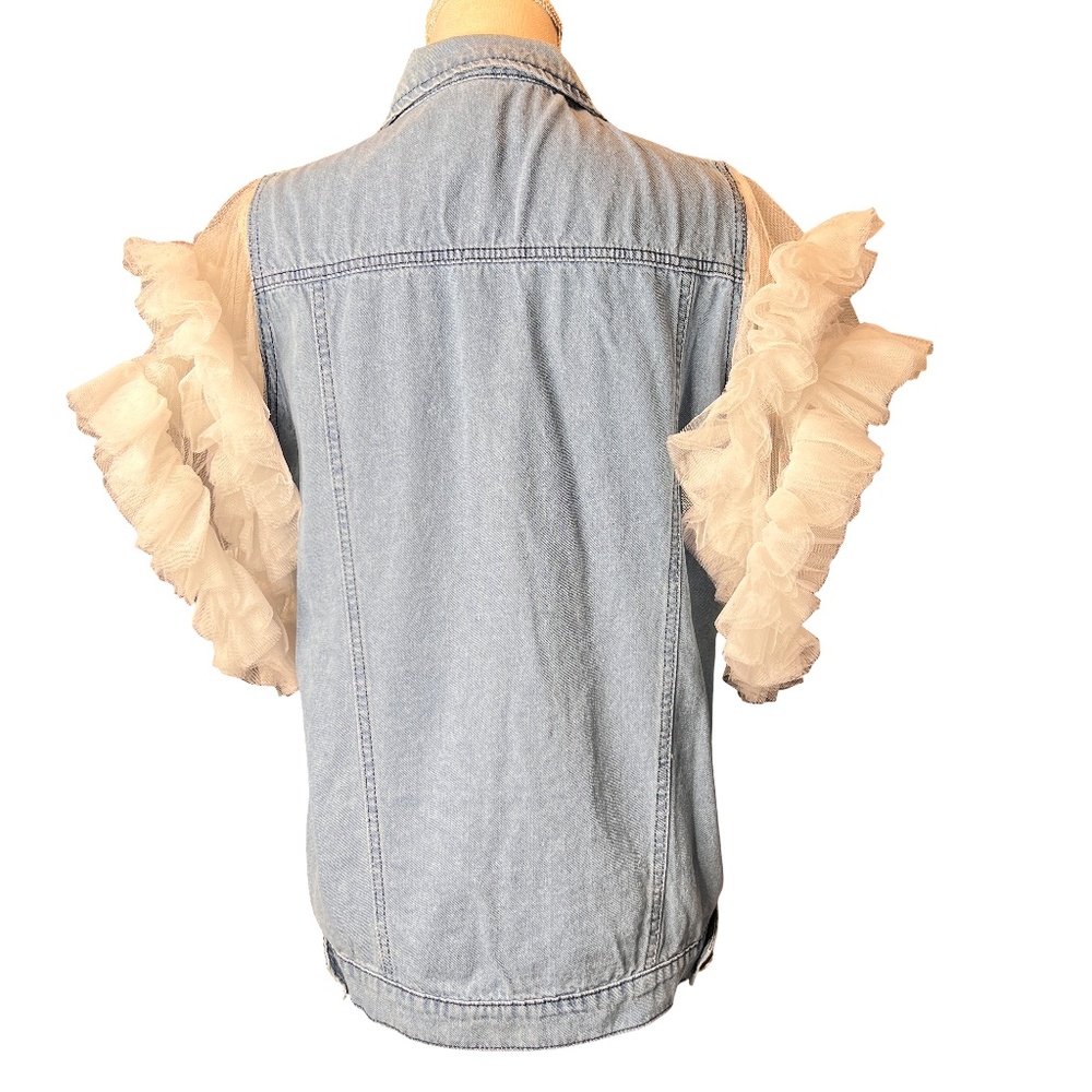 #A129  N By Nancy  Denim Vest  cottagecore  Ruffled Organza Sleeves  NWT  L - Picture 4 of 13